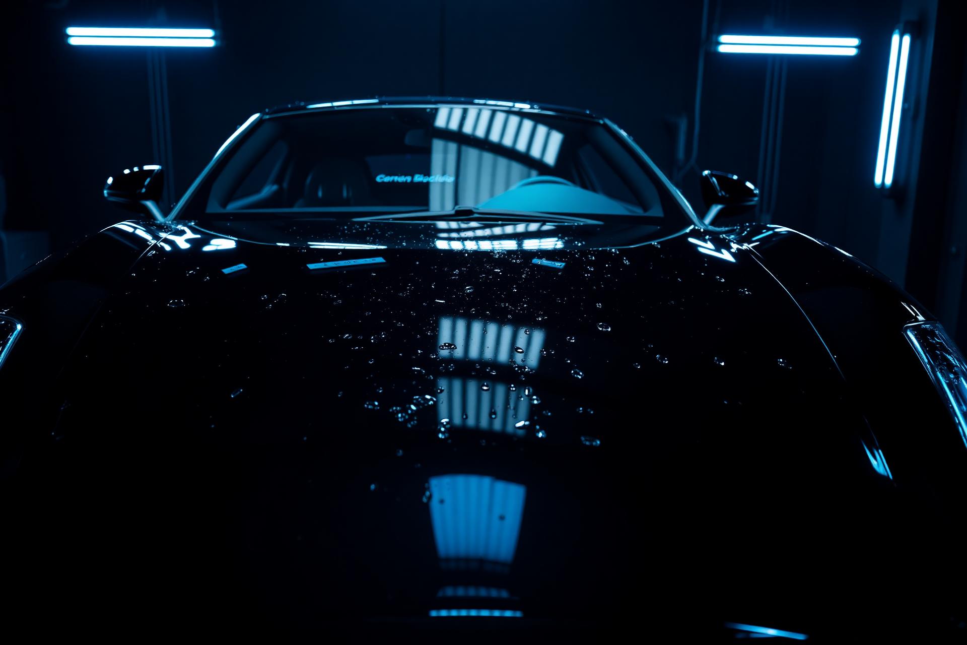 Luxury black vehicle with blue neon detailing lights